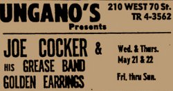 Show ad for Joe Cocker with The Golden Earrings at Ungano's, New York